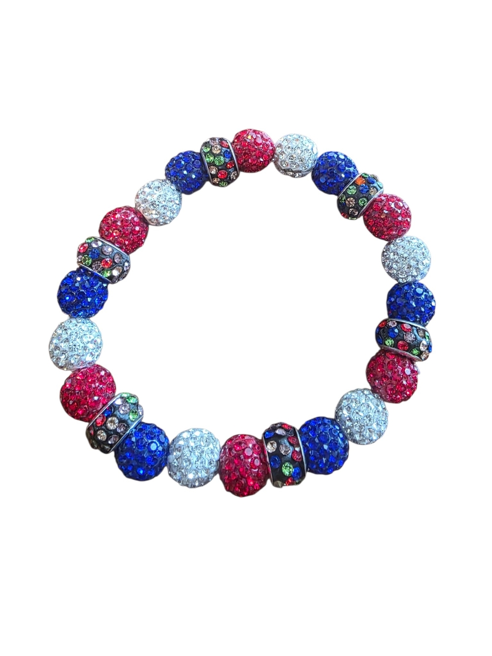 Handcrafted Patriotic Red White and Blue Shamballa Rhinestone Stretch Bracelet
​